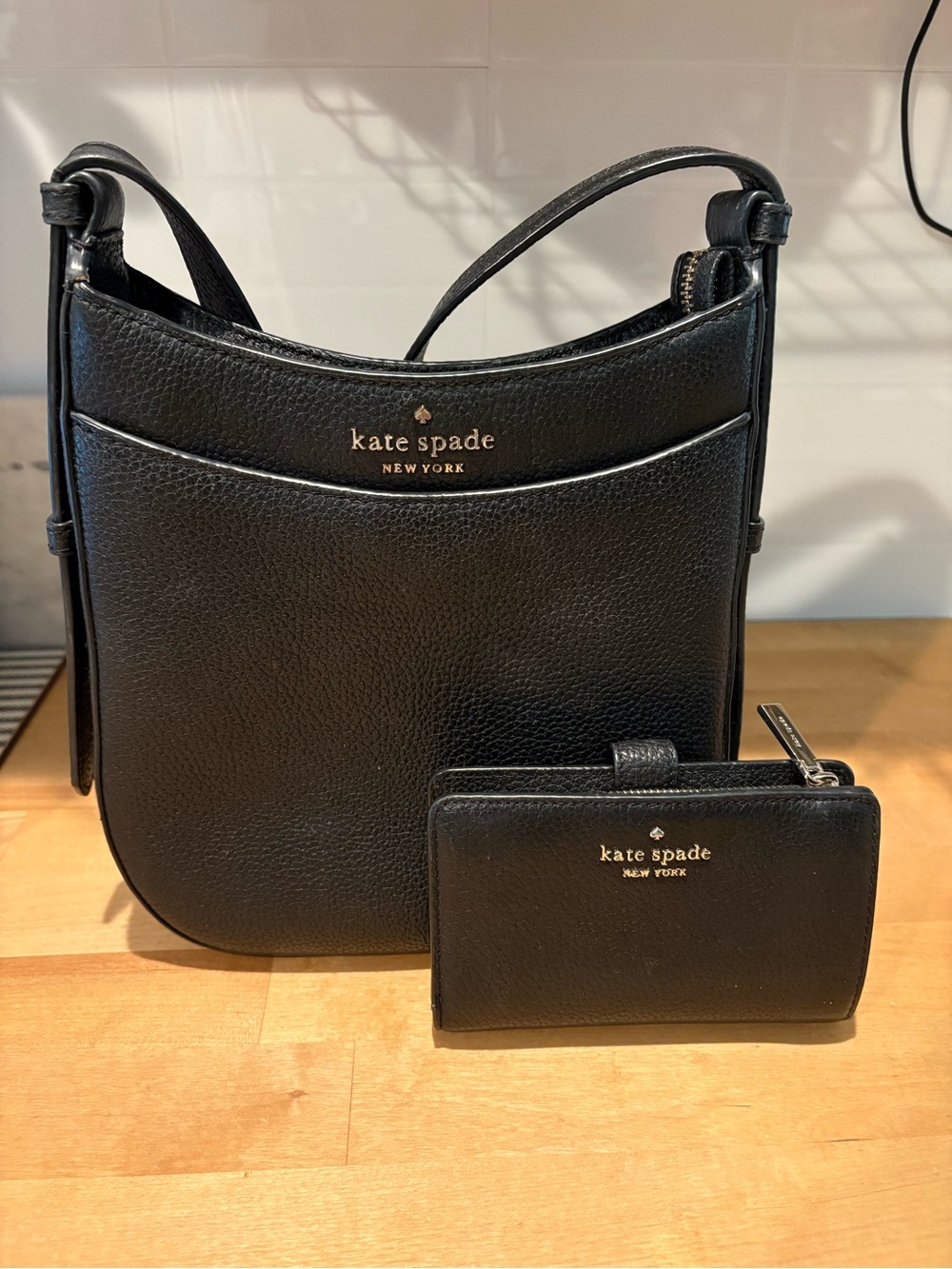 kate spade Black Pebbled Leather Shoulder Bag with Bifold Card Wallet